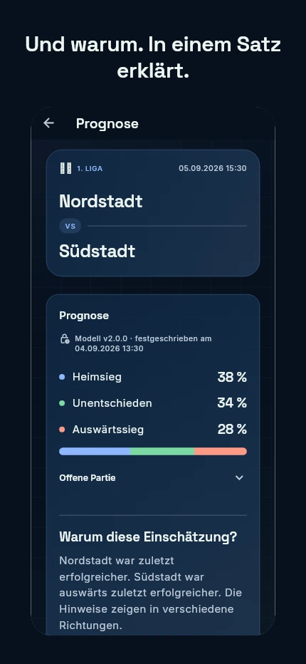 Und warum. In einem Satz erklärt. App-Ansicht: eine einzelne Partie mit der Begründung der Einschätzung im Fließtext.